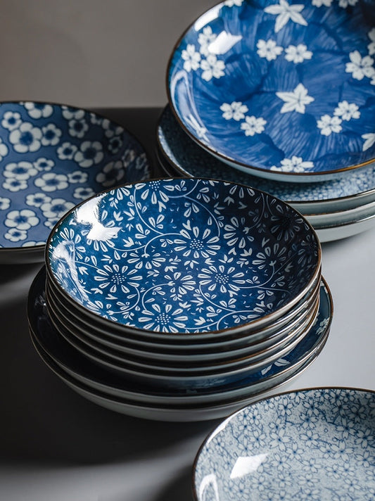 Japans Keramisch Dinerbord - Blauw Wit Patroon - 20 cm - 4 cm diep