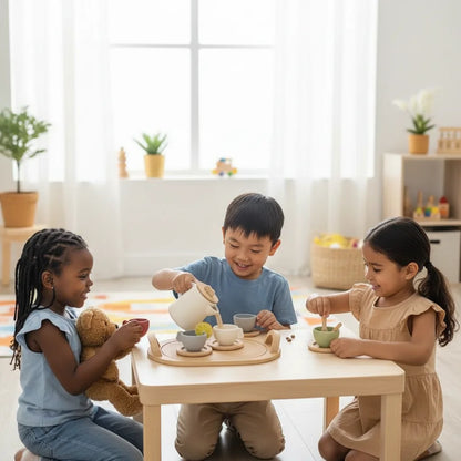 TeaPals – Montessori Houten Theeservies Speelset voor Kinderen – Naturel/Grijs/Groen/Rood