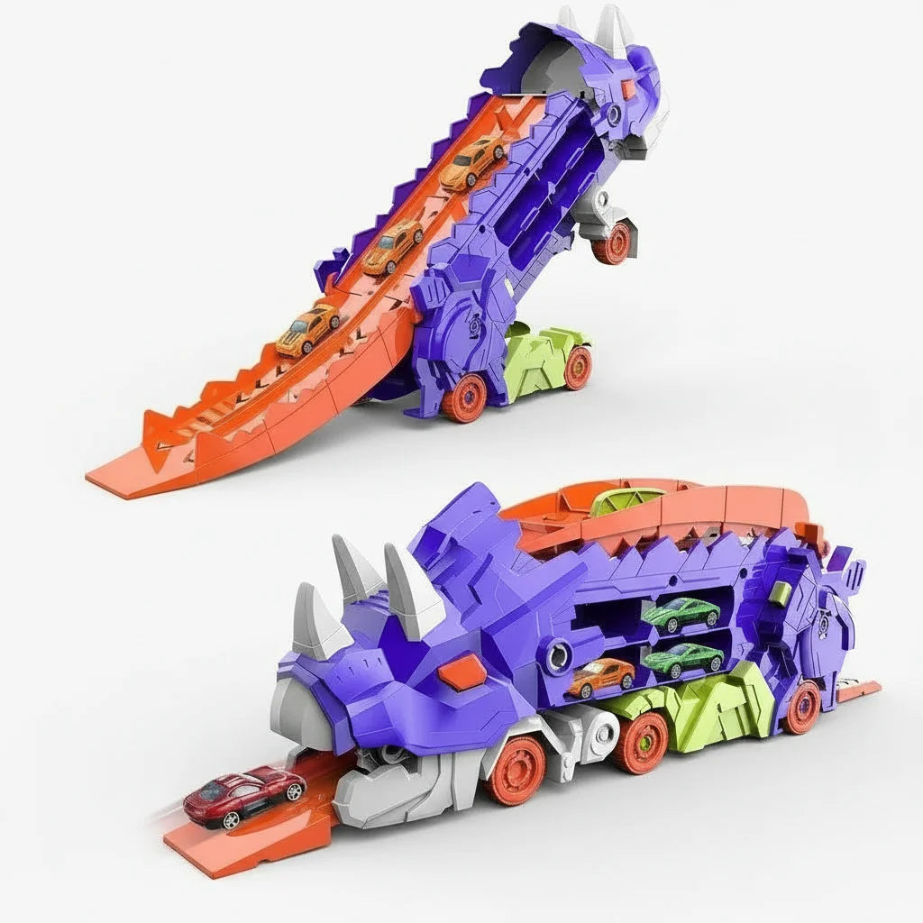DinoRacer Speelset – Opvouwbare Dinosaurus Transporter met Racebaan en 2 Metalen Auto’s – Blauw/Rood – Ideaal Cadeau voor Kinderen
