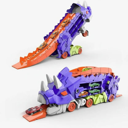 DinoRacer Speelset – Opvouwbare Dinosaurus Transporter met Racebaan en 2 Metalen Auto’s – Blauw/Rood – Ideaal Cadeau voor Kinderen