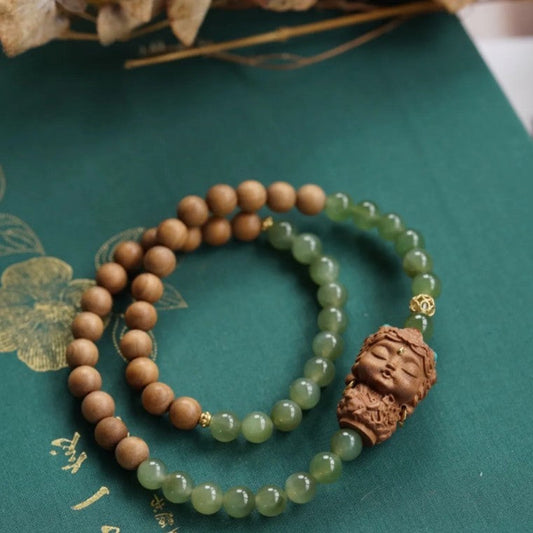Dubbele Armband van Sandelhout en Groene Jasper met Tara-hanger