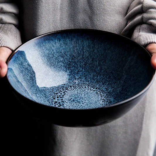 Japanse Keramische Ramen Kom - Retro Blauw Onderglazuur - Grote Soep en Salade Kom