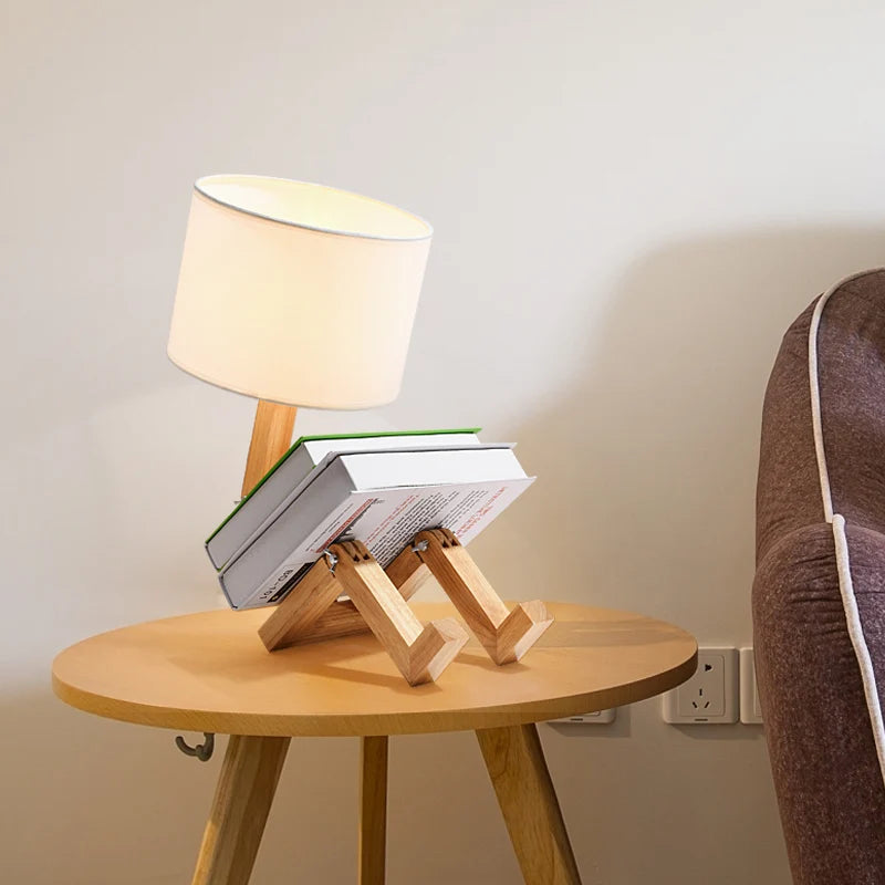 Houten Lamp - Moderne Scandinavische Bureaulamp met Stoffen Kap
