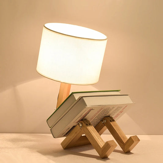 Houten Lamp - Moderne Scandinavische Bureaulamp met Stoffen Kap