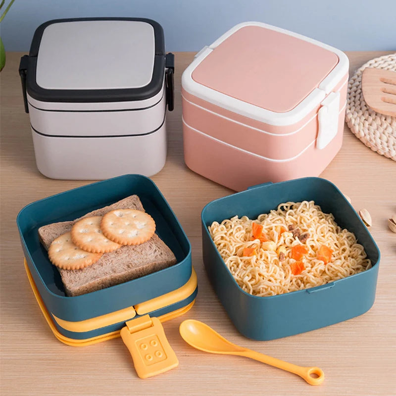 1000ml Draagbare 2-laagse Gezonde Lunchbox voor Magnetron met Bestek