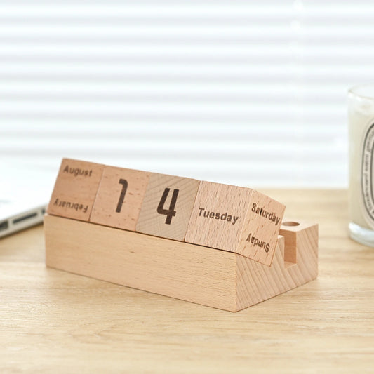 Houten Kalender met Draaiblokken – Bureau Accessoire