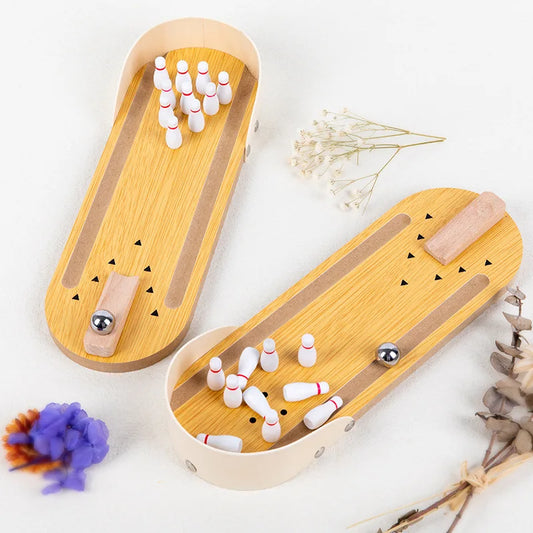 Mini Bowling Spelset - Tafelmodel Bowlingbaan met 10 Pins - Houten Desktop Spel