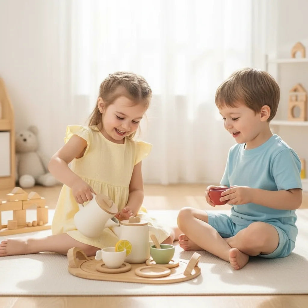 TeaPals – Montessori Houten Theeservies Speelset voor Kinderen – Naturel/Grijs/Groen/Rood