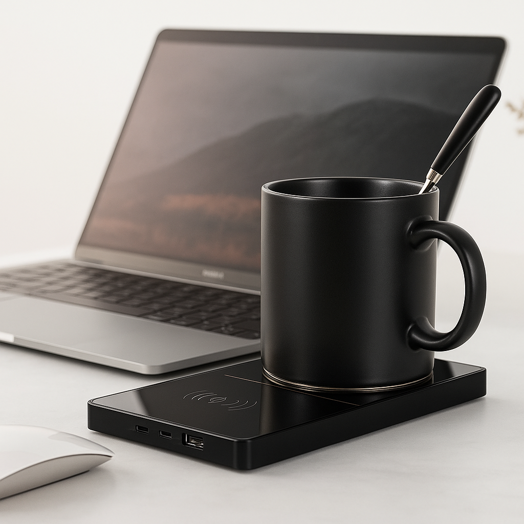 2-in-1 mokverwarmer en draadloze oplader – roestvrij staal – bureau