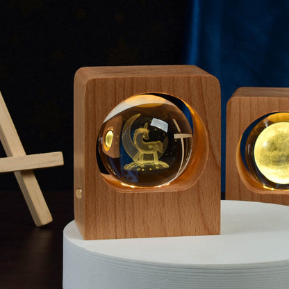 Kristallen bol nachtlamp - LED houten lamp - 3D laser gegraveerd - dimbaar - USB