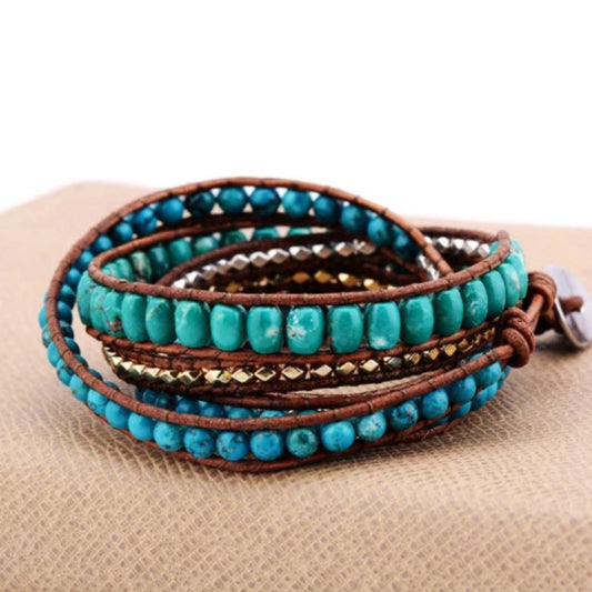 Bohemian Armband Dames - Turquoise Steen - Leren Wikkelarmband met Kralen