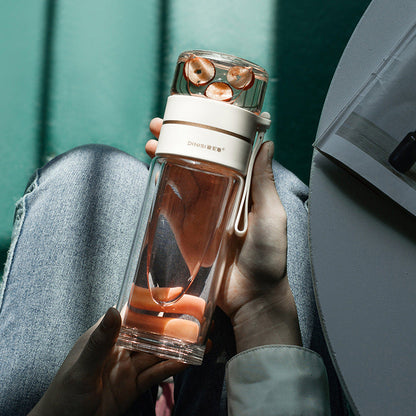 Dubbelwandige glazen waterfles met theefilter en lekvrije dop – 400 ml