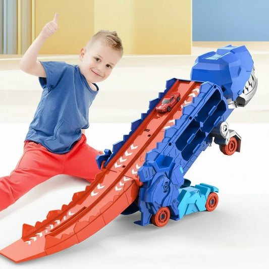 DinoRacer Speelset – Opvouwbare Dinosaurus Transporter met Racebaan en 2 Metalen Auto’s – Blauw/Rood – Ideaal Cadeau voor Kinderen