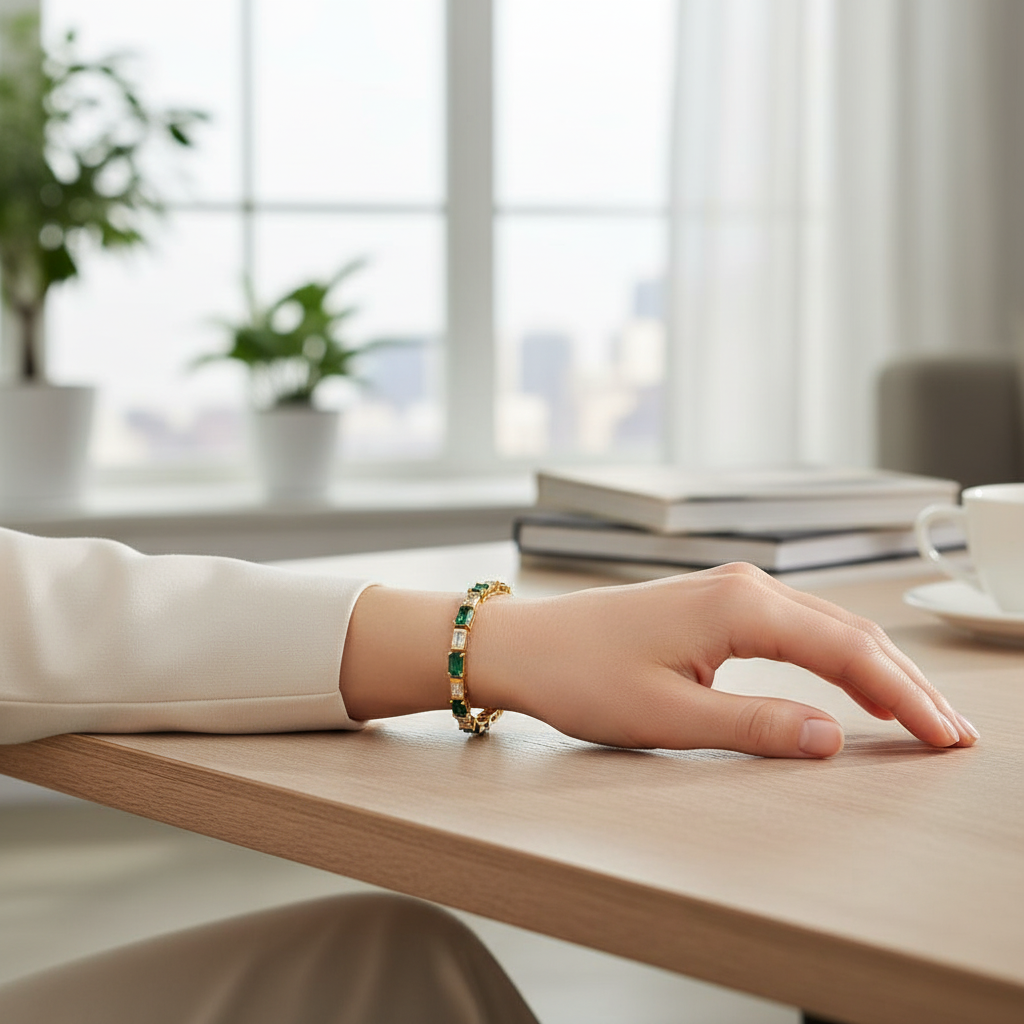 Emerald Shine – Dames Armband Rechthoekige Zirkonia Groen/Goud/Zilver