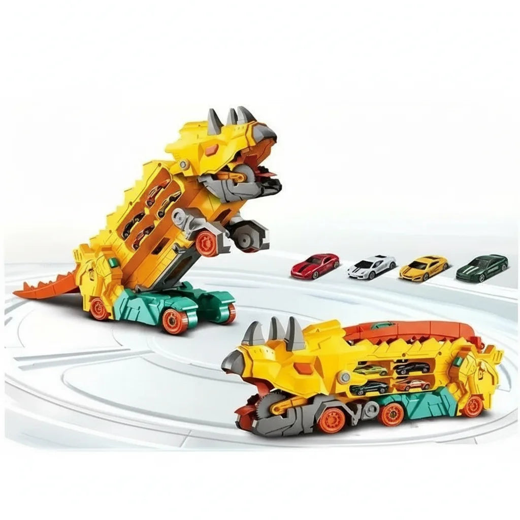 DinoRacer Speelset – Opvouwbare Dinosaurus Transporter met Racebaan en 2 Metalen Auto’s – Blauw/Rood – Ideaal Cadeau voor Kinderen