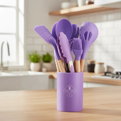 12-delige siliconen keukengerei set met opbergemmer