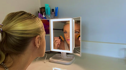 Trifold make-up spiegel met LED-verlichting, 10x vergroting, draaibaar, wit